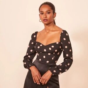 REFORMATION Reign Top in "Kisses" Black Pink Polka Dot